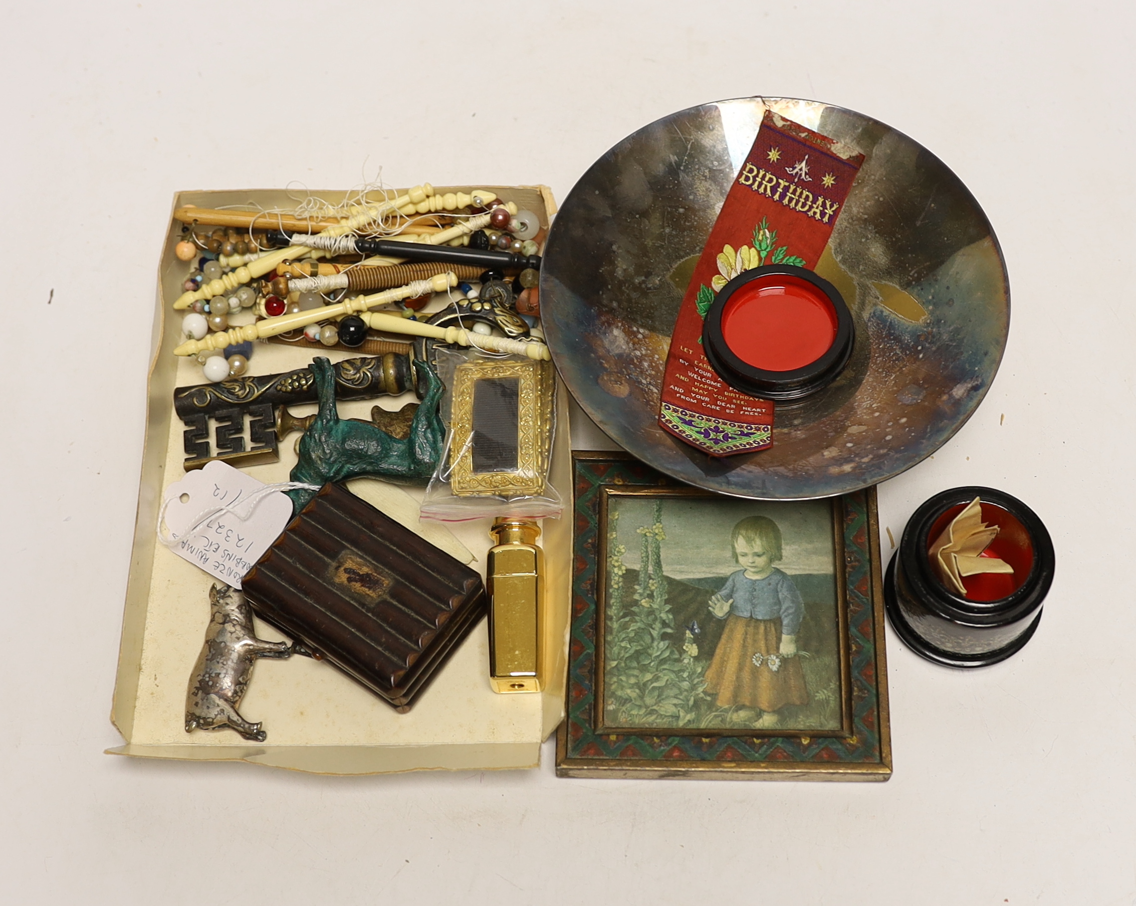 Miscellaneous collectables, bronze and metal animals, bobbins etc